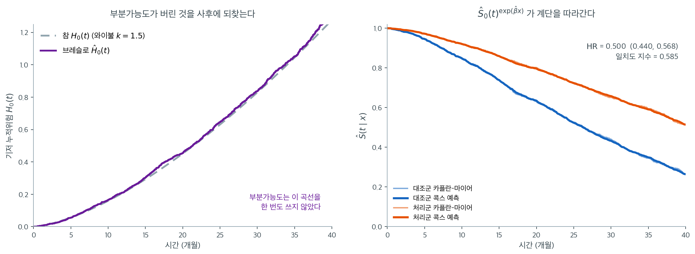 브레슬로가 되찾은 기저 누적위험과 그로부터 만든 집단별 예측곡선