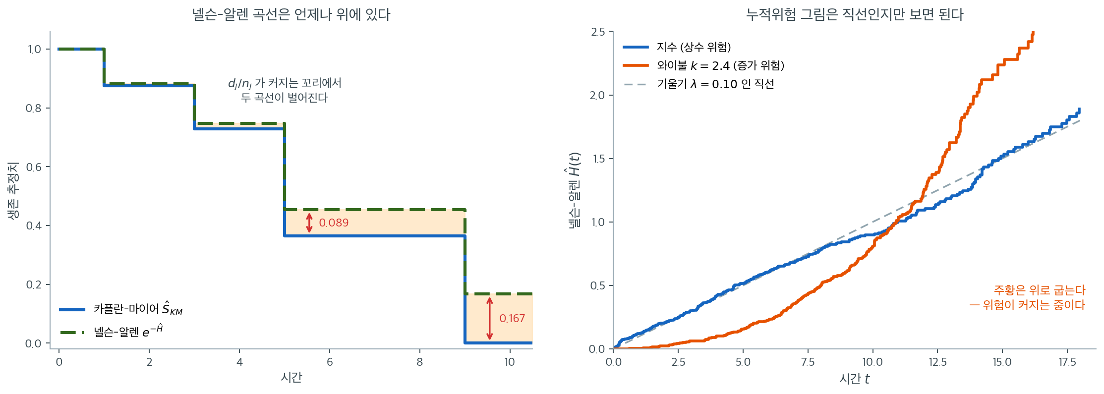 두 추정량의 차이와, 누적위험 그림이 드러내는 위험의 모양