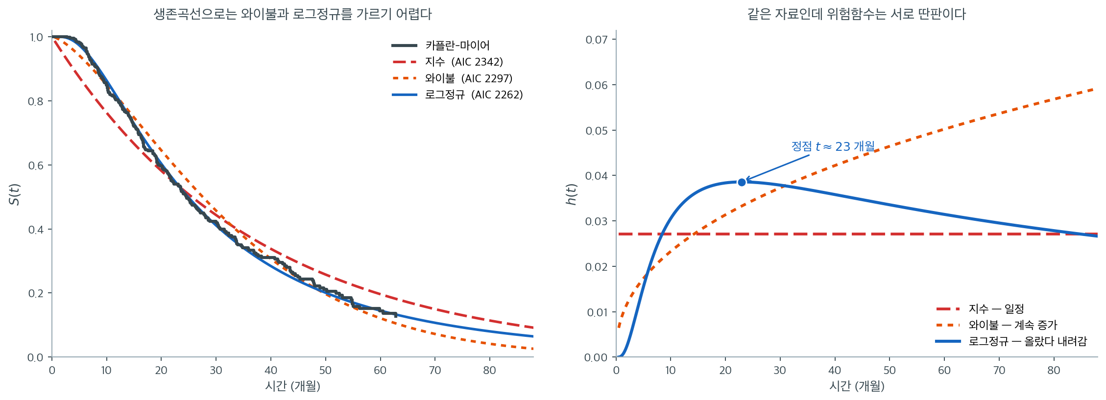 같은 자료에 적합한 세 모형의 생존곡선과 위험함수
